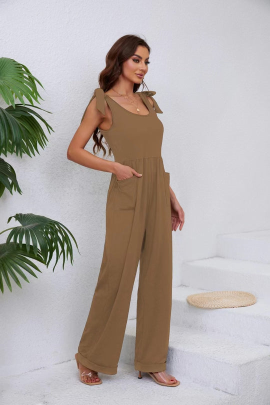 Damen Eleganter Jumpsuit mit verstellbaren Trägern und weitem Bein R&B