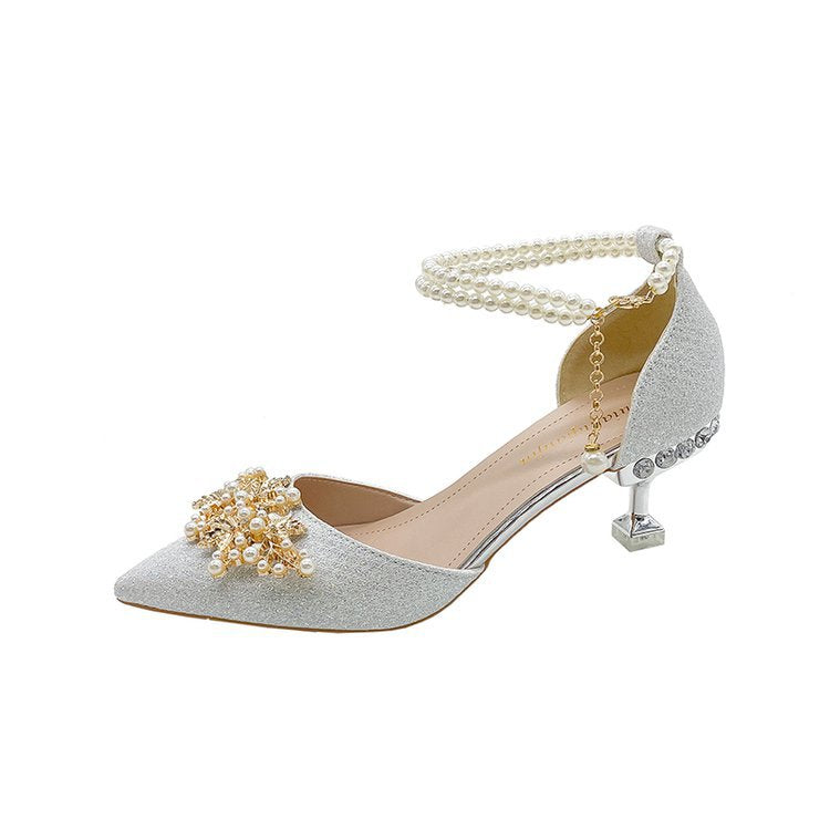 Damen elegante Pumps mit Perlenschmuck und glitzerndem Absatz R&B