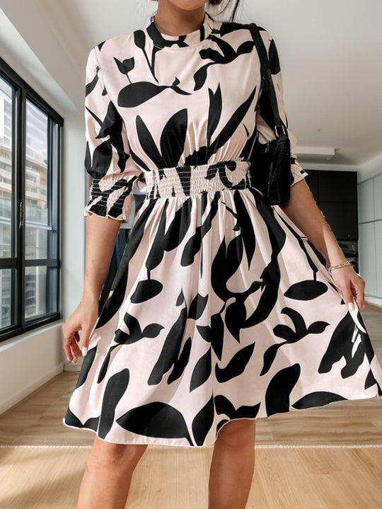 Damen Blumenkleid mit elastischem Taillenzug und Ballonärmel R&B