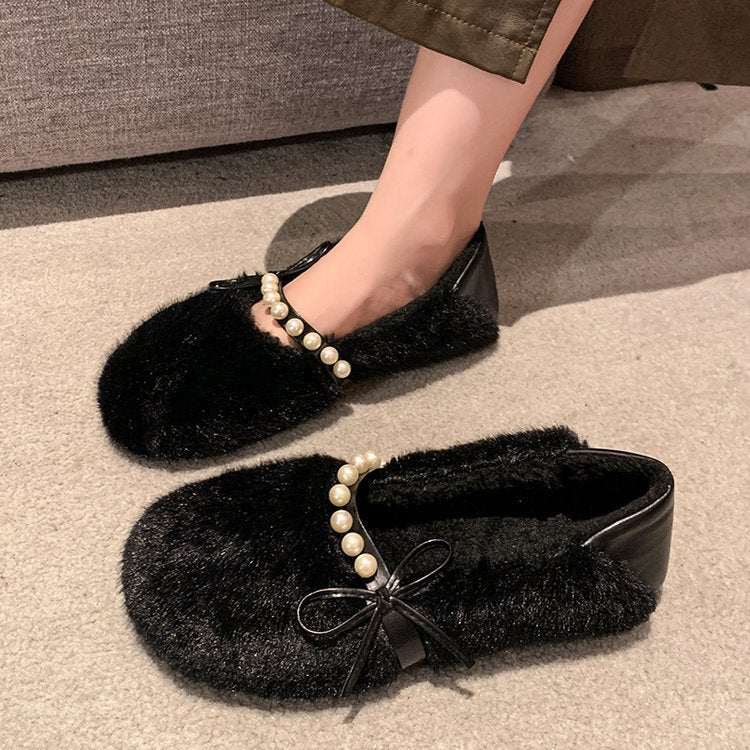 Damen Hausschuhe mit weichem Fell und eleganter Perlenverzierung R&B