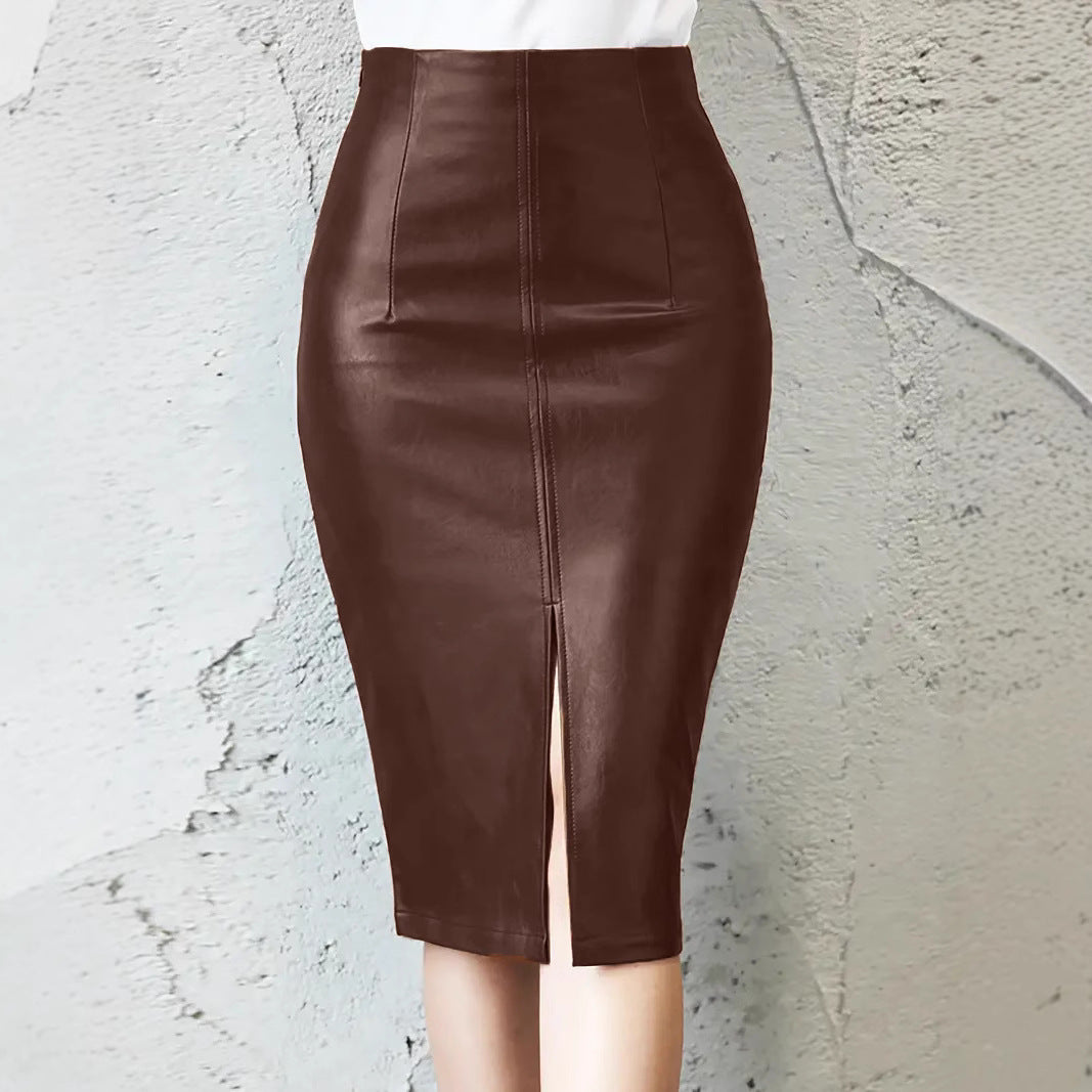 Damen Figurbetonter Kunstlederrock mit hoher Taille und Schlitz R&B