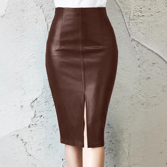 Damen Figurbetonter Kunstlederrock mit hoher Taille und Schlitz R&B