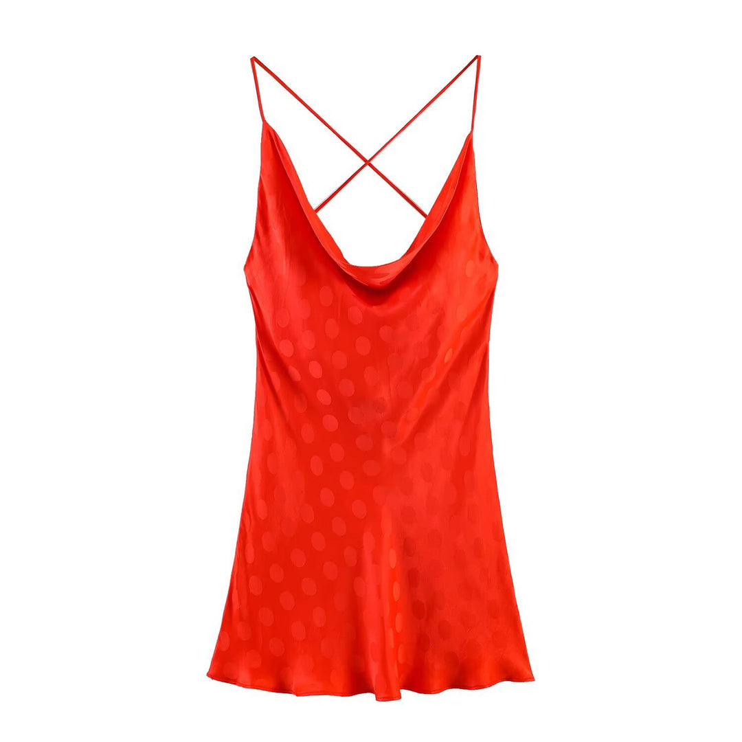 Damen Spaghettiträgerkleid mit elegantem Faltenwurf und zartem Polka-Dot-Muster R&B