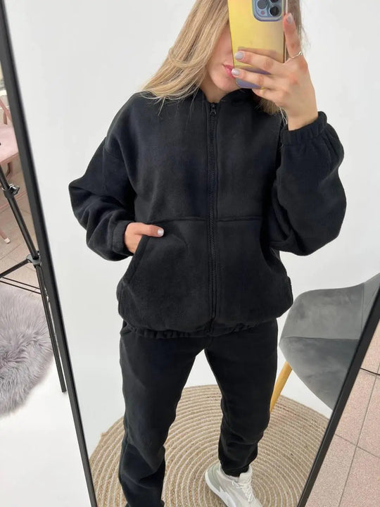 Damen sportliches Fleece-Set mit hohem Kragen und seitlichen Taschen R&B