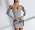 Damen Einseitig Offenes Mini-Kleid mit Langarm R&B