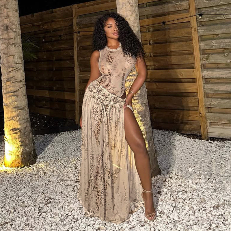 Damen Maxikleid mit seitlichem Schlitz und elegantem Animal-Print R&B