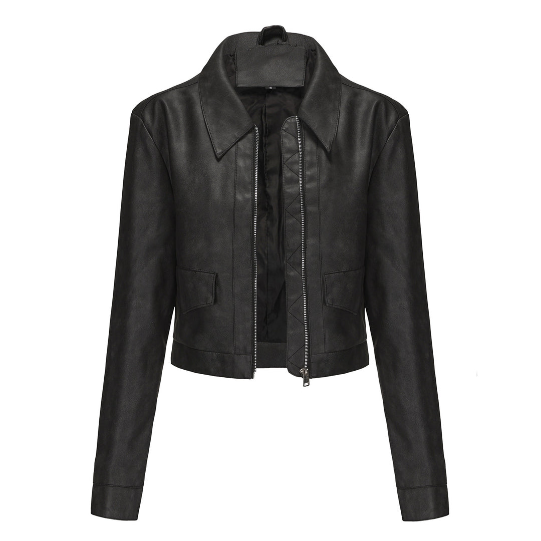 Damen modische cropped Kunstlederjacke mit klassischem Wellenkragen R&B