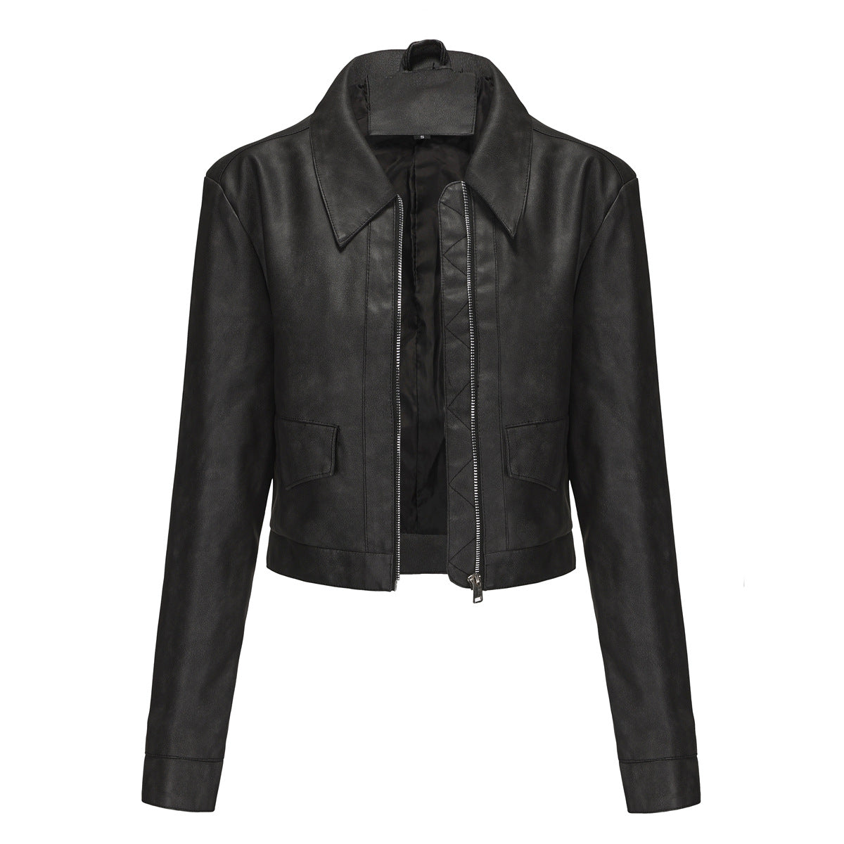 Damen modische cropped Kunstlederjacke mit klassischem Wellenkragen