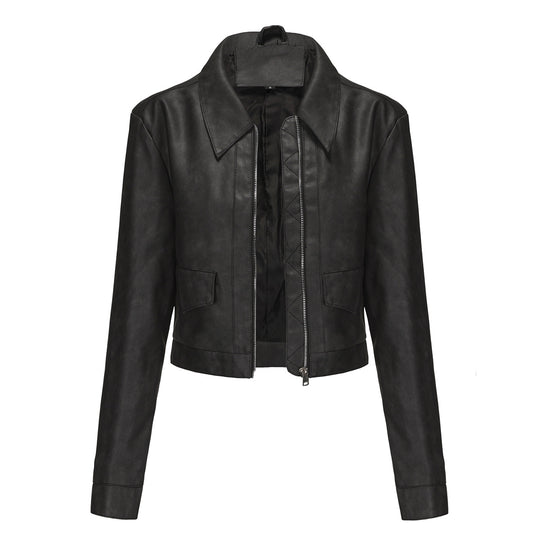 Damen modische cropped Kunstlederjacke mit klassischem Wellenkragen R&B