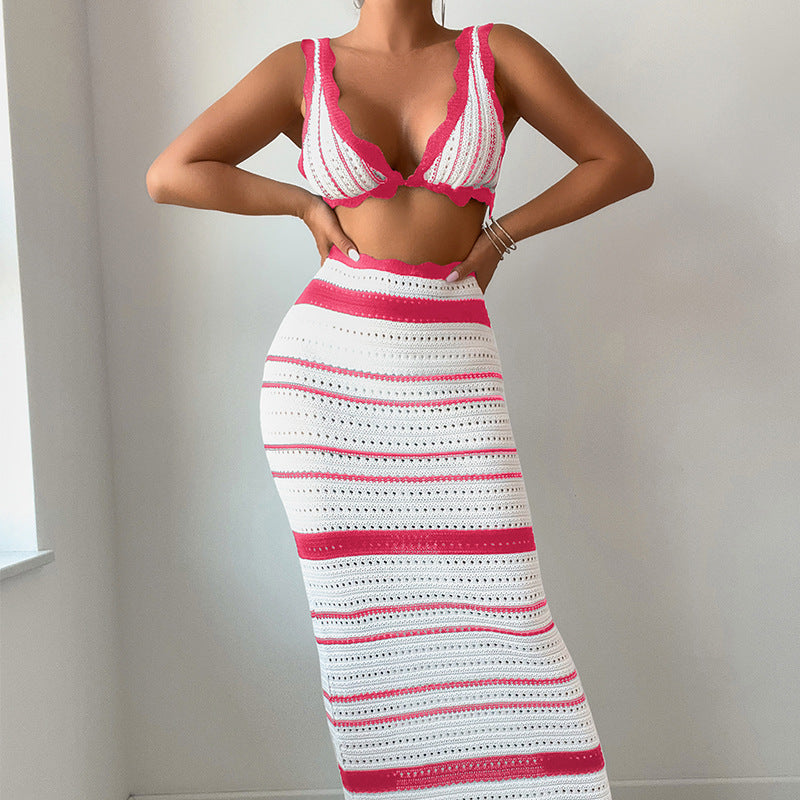 Damen Häkel-Crop-Top und Maxirock Set R&B