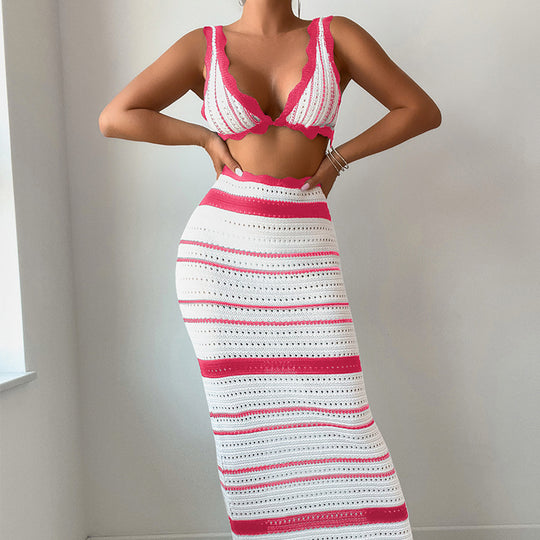 Damen Häkel-Crop-Top und Maxirock Set R&B