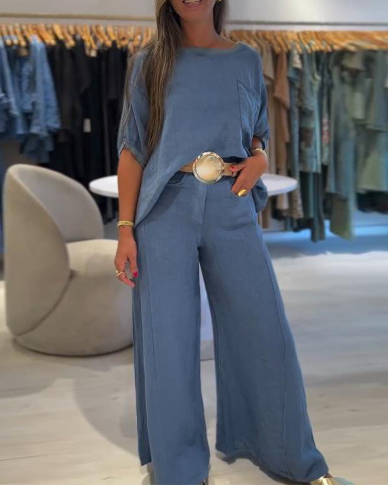 Damen nan Leinenmix-Zweiteiler mit kastigem Oversize-Shirt, Brusttasche und weiter Palazzohose R&B