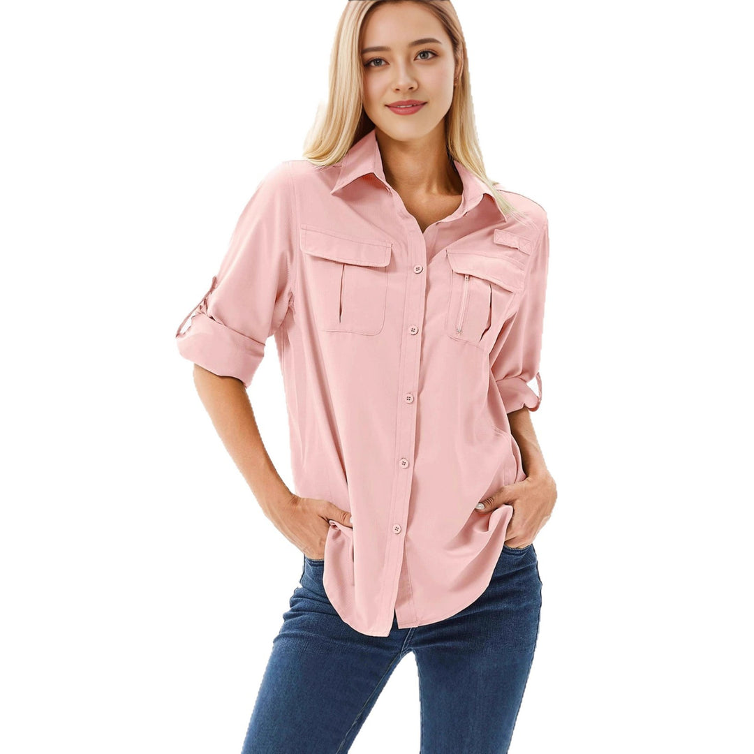 Damen lässige Bluse mit praktischen Taschen und umschlagbaren Ärmeln R&B