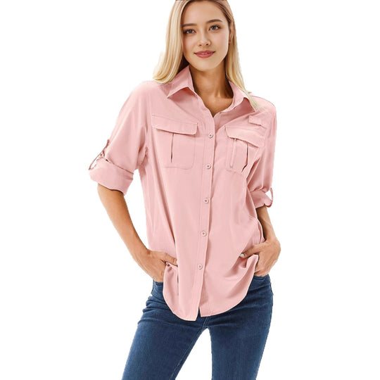 Damen lässige Bluse mit praktischen Taschen und umschlagbaren Ärmeln R&B