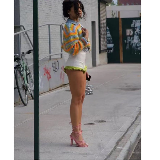 Damen Trendige Strickjacke mit bunten Streifen und lässigem Schnitt R&B