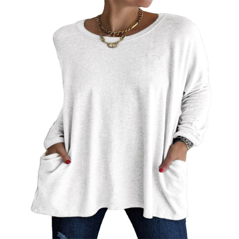 Damen nan oversized Longsleeve-Tunika mit Rundhalsausschnitt, überschnittener Schulter und aufgesetzten Taschen R&B