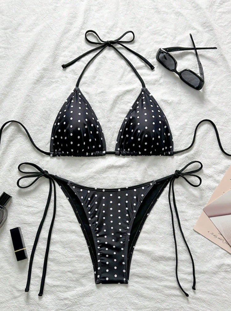 Damen Triangel-Bikini mit verspielten Bindebändern und elegantem Punktmuster R&B