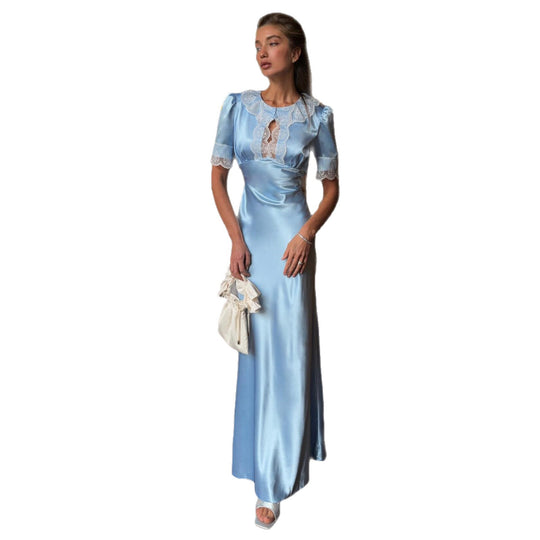 Damen Maxikleid mit eleganten Spitzenakzenten und V-Ausschnitt R&B