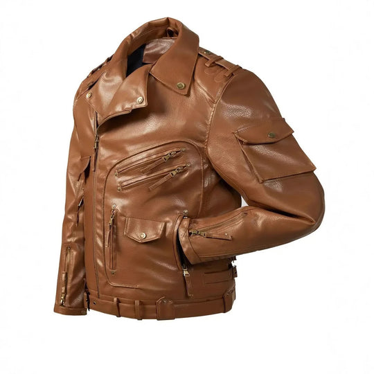 Herren Stylische Bikerjacke mit Mehreren Reißverschlusstaschen und Gürteldetail R&B