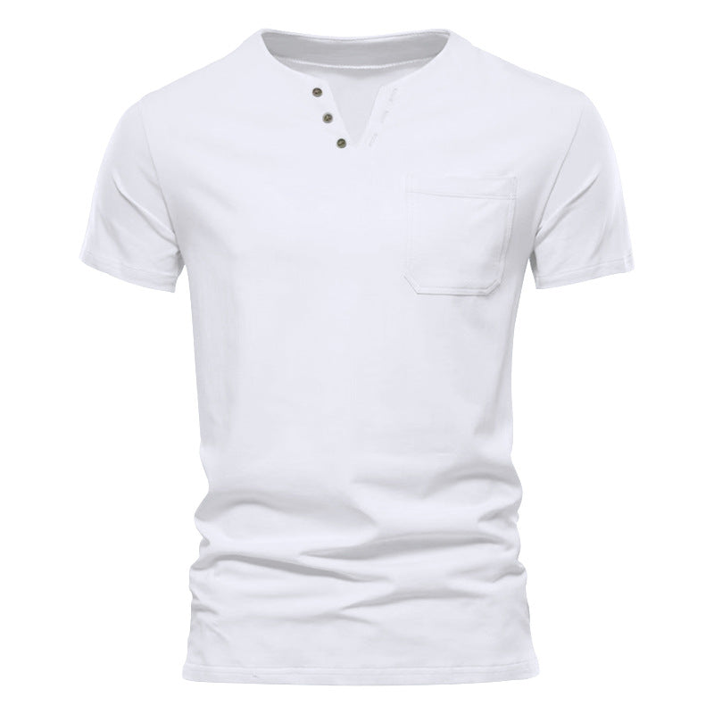Herren Kurzarm-Henley-T-Shirt mit praktischer Brusttasche und anpassbarem Knopfverschluss R&B