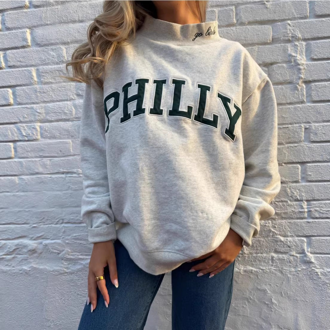 Damen nan weit geschnittenes College-Sweatshirt mit hohem Stehkragen und aufgenähtem Schriftzug R&B