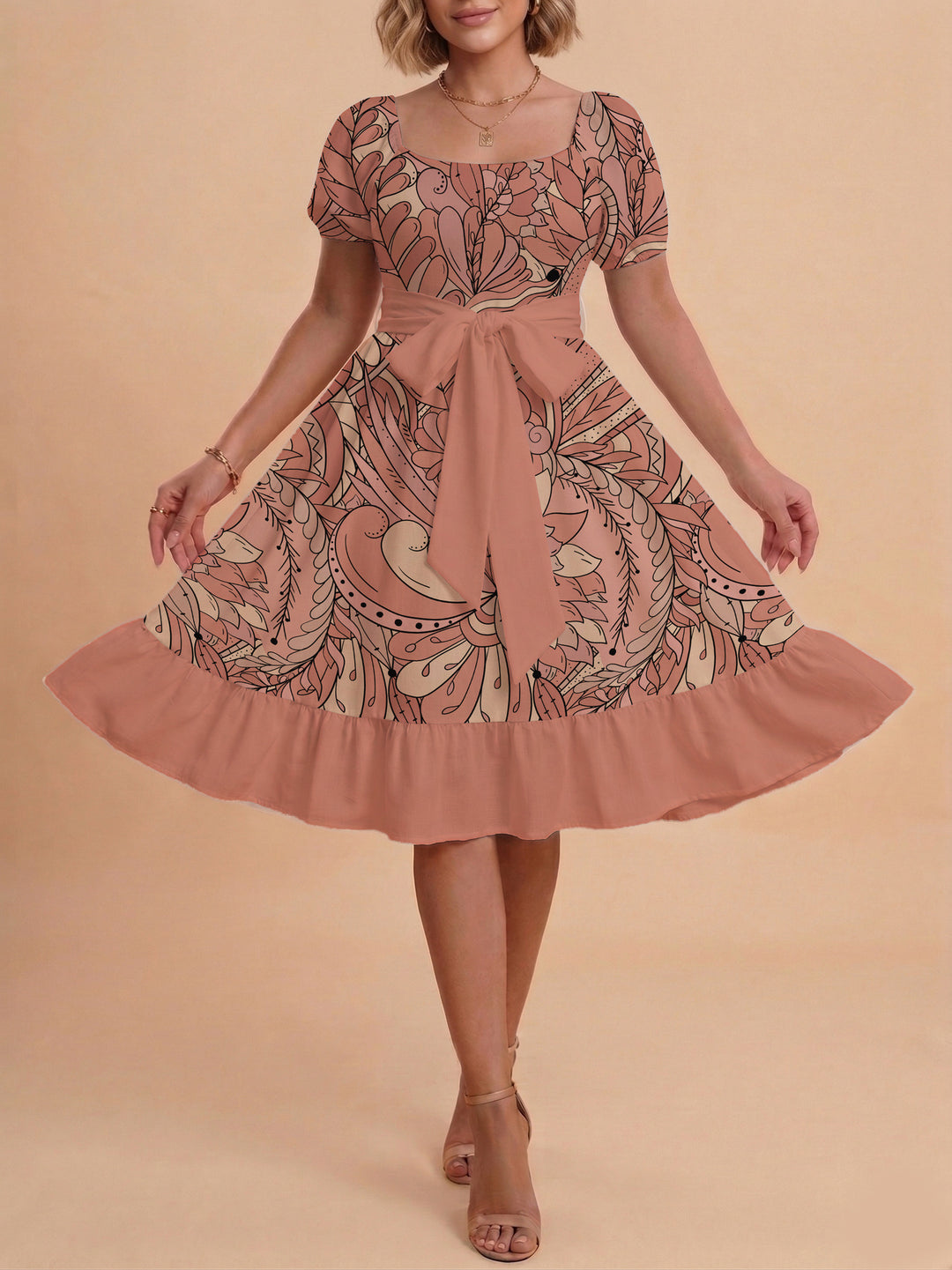 Damen elegantes Maxikleid mit floralem Design und Taillengürtel R&B