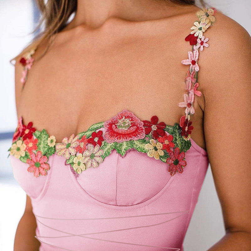 Damen Figurbetontes Minikleid mit blumigen Trägern und Schnürung EB