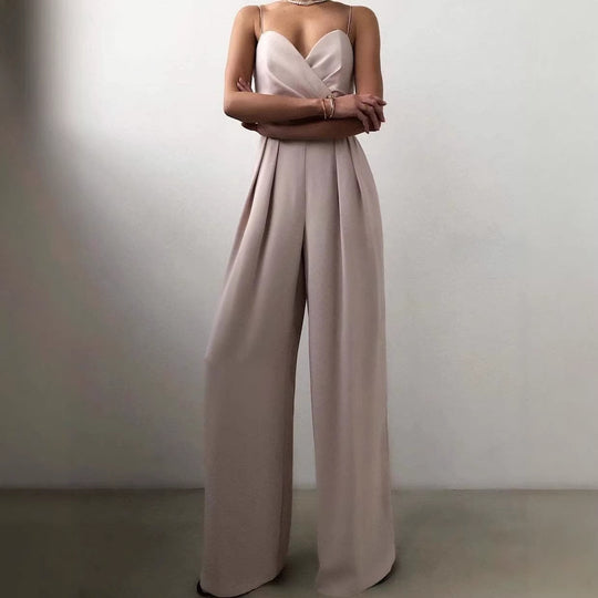 Damen eleganter Jumpsuit mit tiefem V-Ausschnitt und weiten Beinen R&B