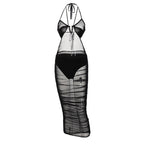 Damen Transparente Bodycon Maxikleid mit tiefem Ausschnitt und verspielten Trägern R&B