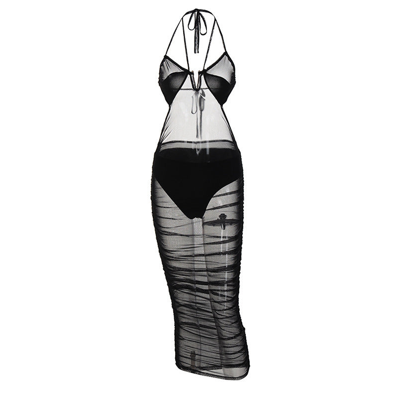 Damen Transparente Bodycon Maxikleid mit tiefem Ausschnitt und verspielten Trägern R&B