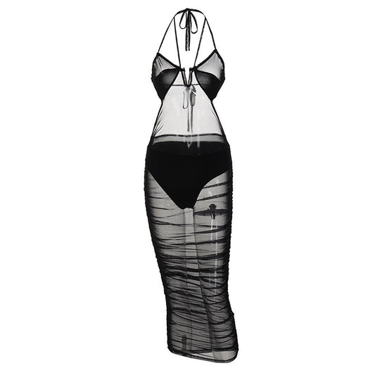 Damen Transparente Bodycon Maxikleid mit tiefem Ausschnitt und verspielten Trägern R&B