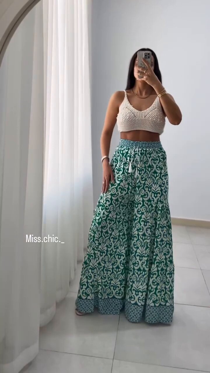 Damen weite Baumwollhose mit eingezogenem Gummibund und modernen Mustern R&B
