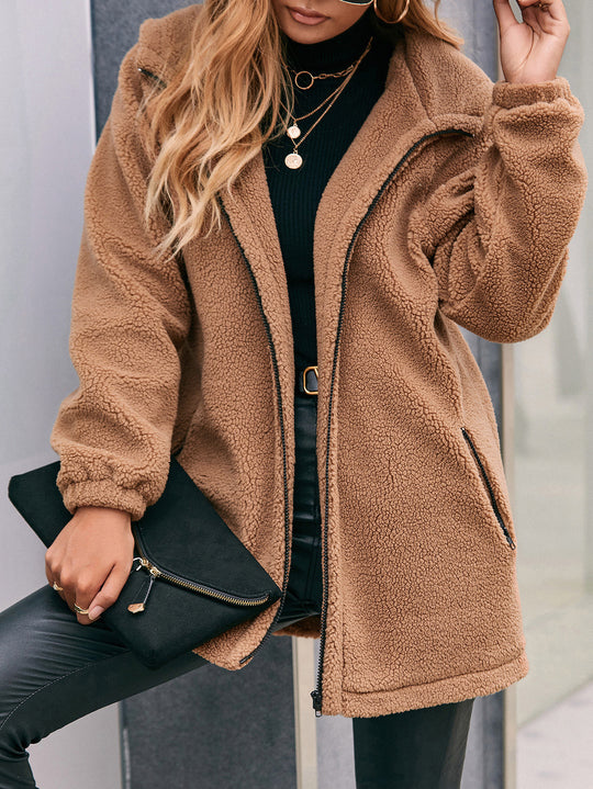 Damen Teddy-Fleecejacke mit praktischen Taschen und hohem Kragen R&B