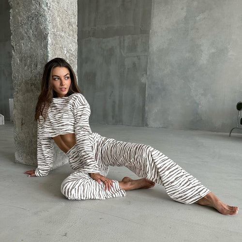 Damen lässiges Crop-Top und Jogginghose Set mit tierischem Muster R&B
