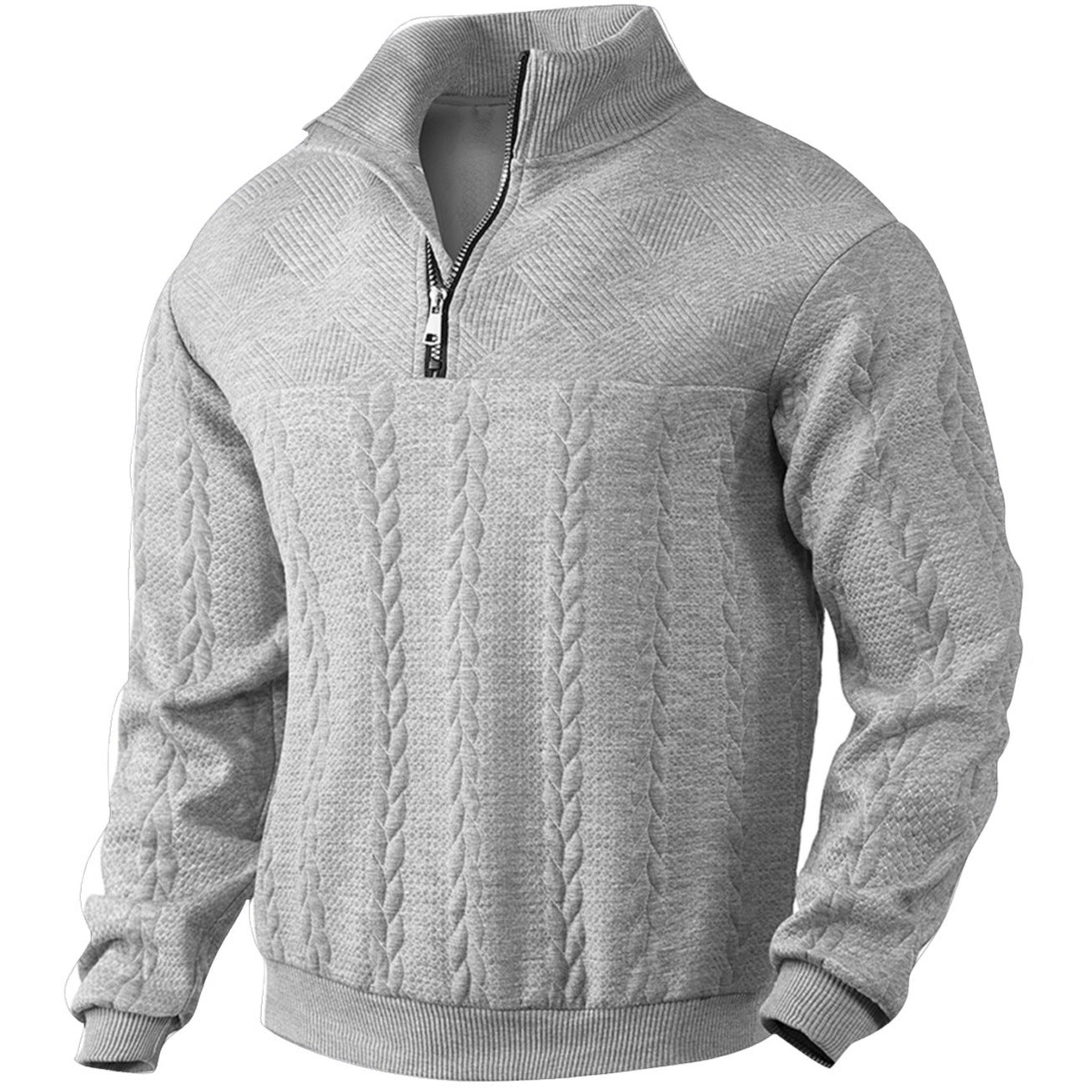 Herren nan texturierter Strickpullover mit Halbzip, geflochtenem Zopfmuster und hohem Stehkragen R&B