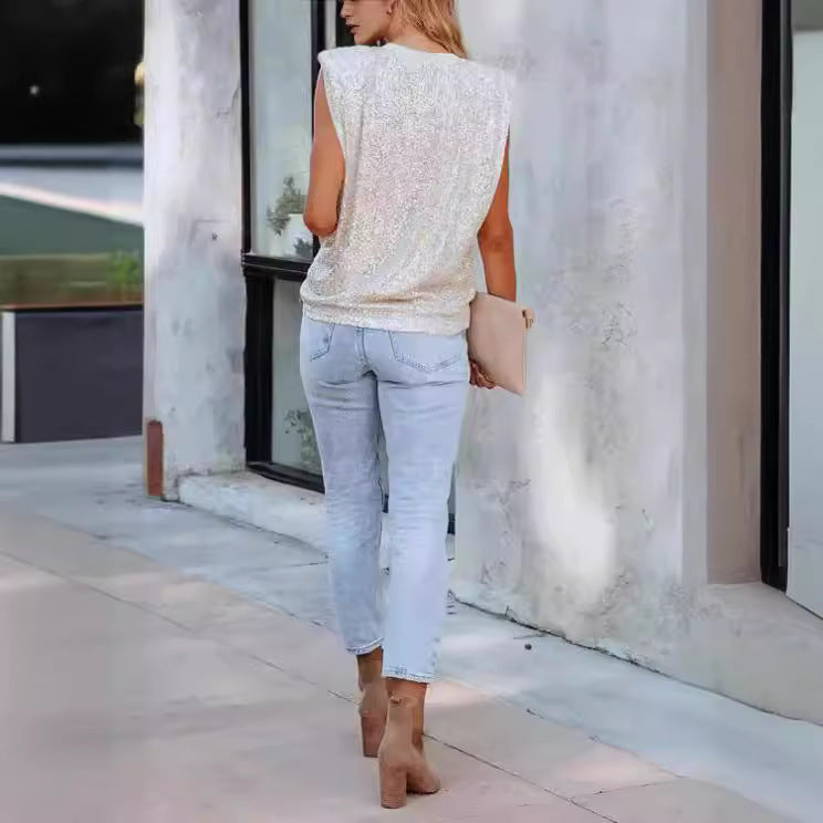 Damen Glitzernde Rundhalsbluse EB