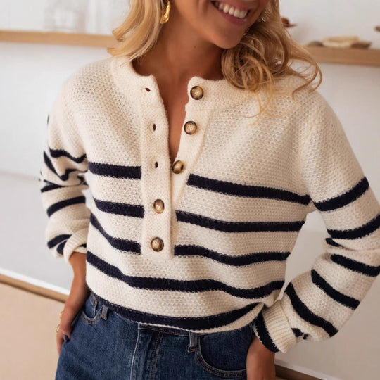 Damen hochwertiger gestreifter Strickpullover mit Knopfdetail und lässigem Schnitt R&B