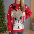 Damen festlicher Pullover mit weihnachtlichem Rentier-Motiv und lockerer Passform R&B