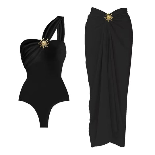 Damen einseitiger Badeanzug mit elegantem Wickelrock R&B