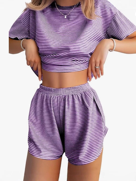 Damen Lässiges Streifen-Set mit weitem T-Shirt und Shorts R&B