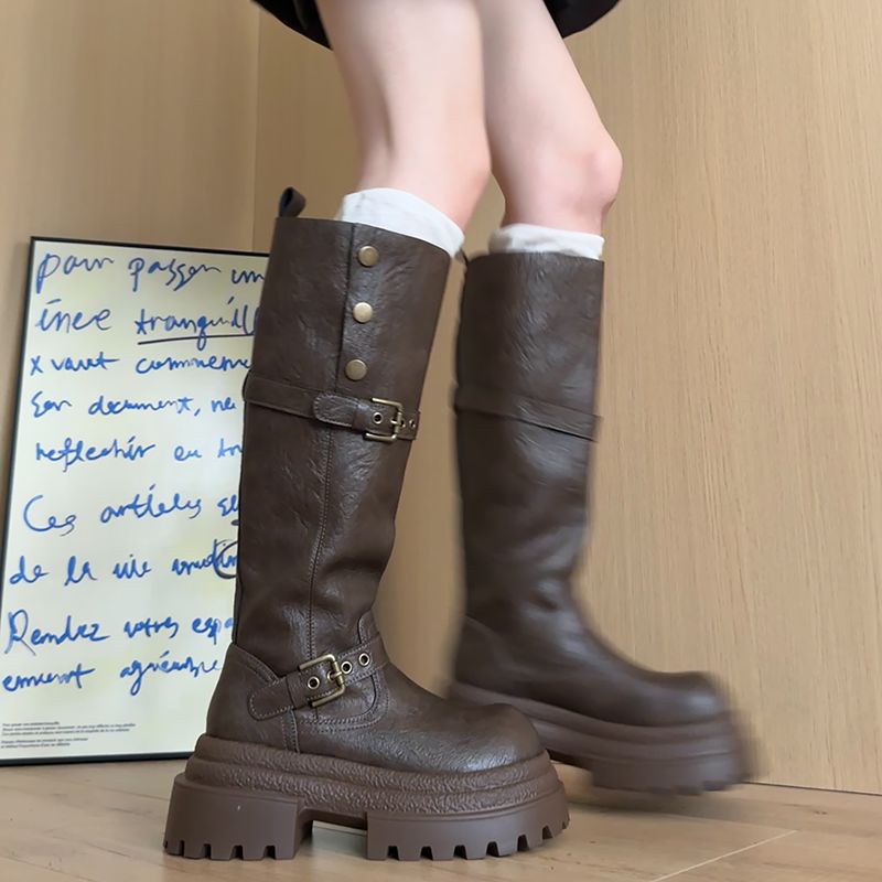 Damen hohe Stiefel mit modischem Schnallendesign und robustem Sohlenprofil R&B