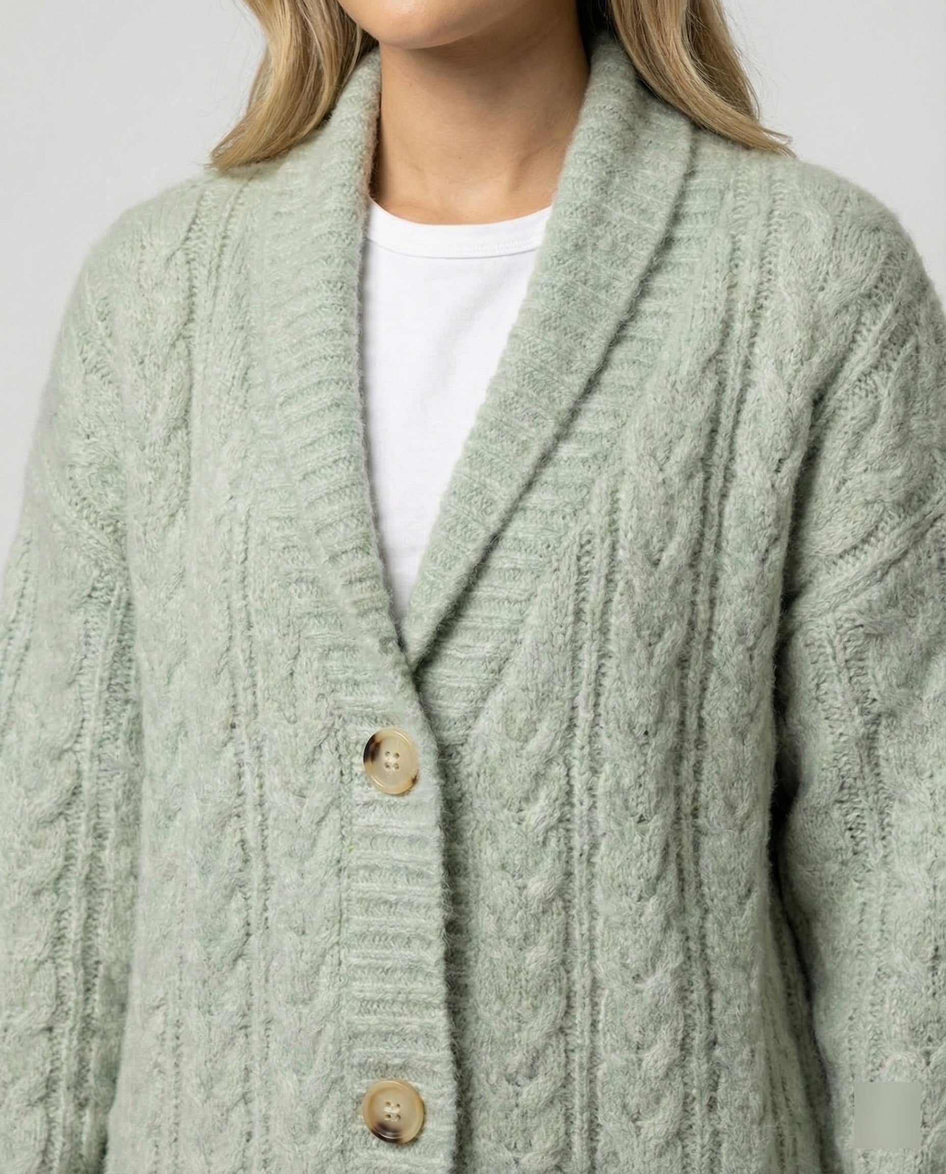 Damen gemütliche Langstrickjacke mit softem Flauschgarn, extrabreiter Silhouette und dekorativer Knopfleiste R&B