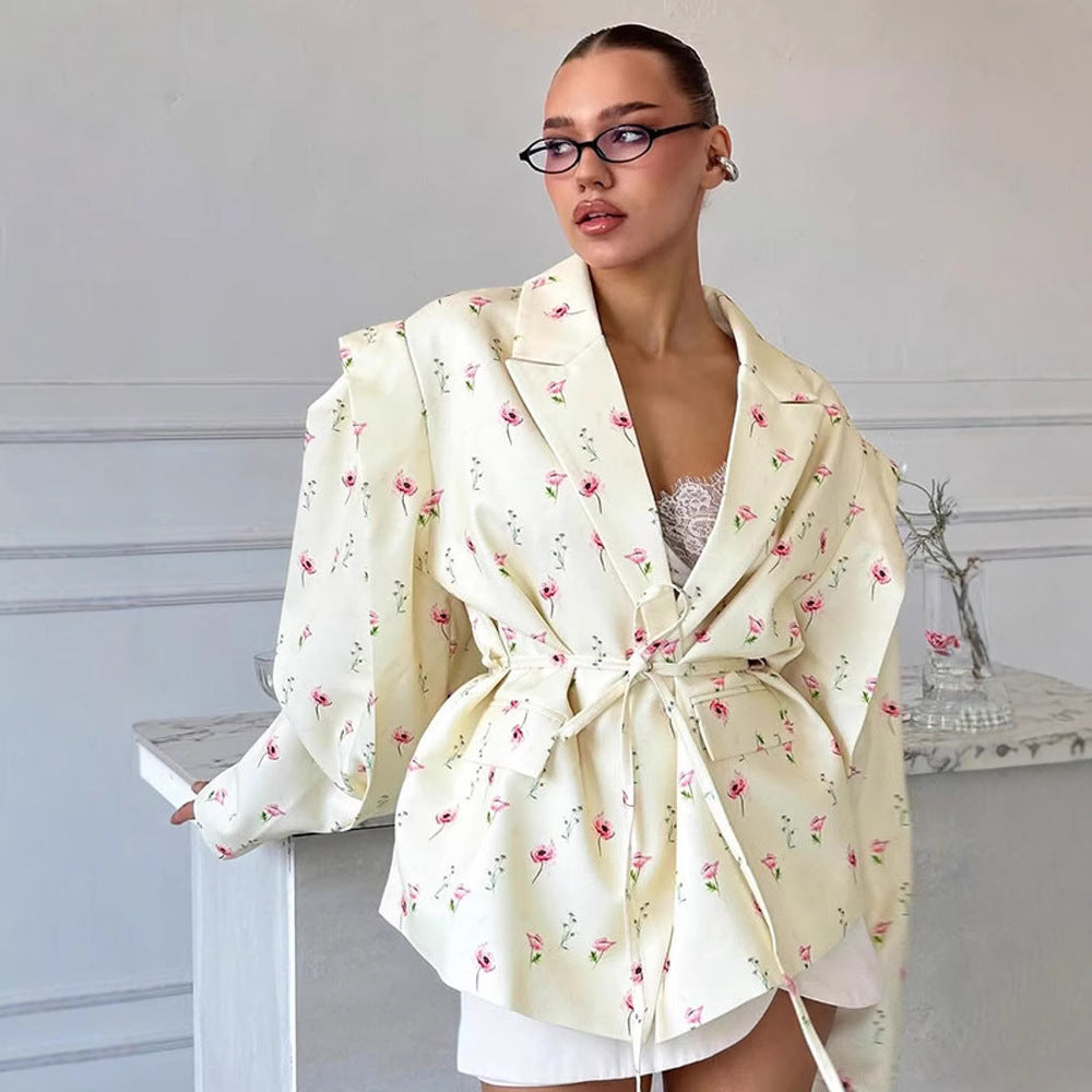 Damen elegante Blazerjacke mit floralem Design und Taillengürtel R&B