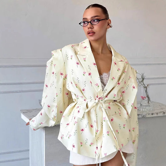 Damen elegante Blazerjacke mit floralem Design und Taillengürtel R&B
