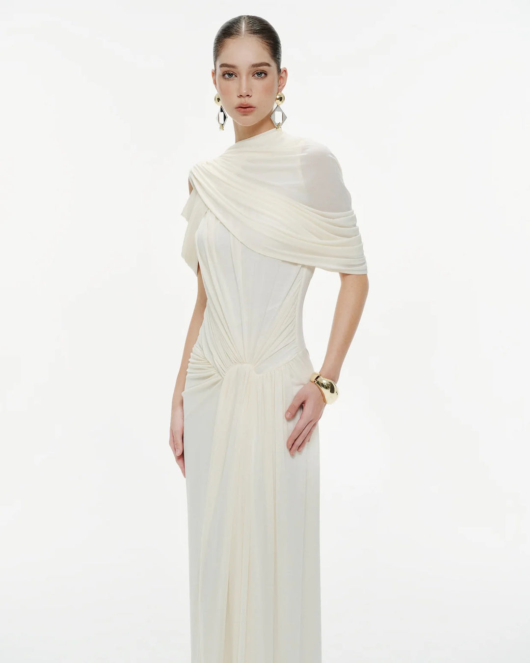 Damen elegantes Maxikleid mit innovativen Drapierungsdetails und asymmetrischem Oberteil R&B