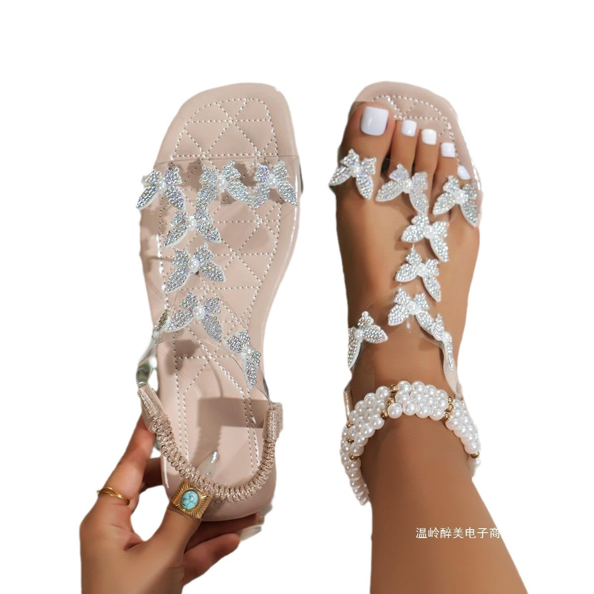 Damen Glamouröse Zehentrenner-Sandalen mit funkelnden Schmetterlingsapplikationen R&B