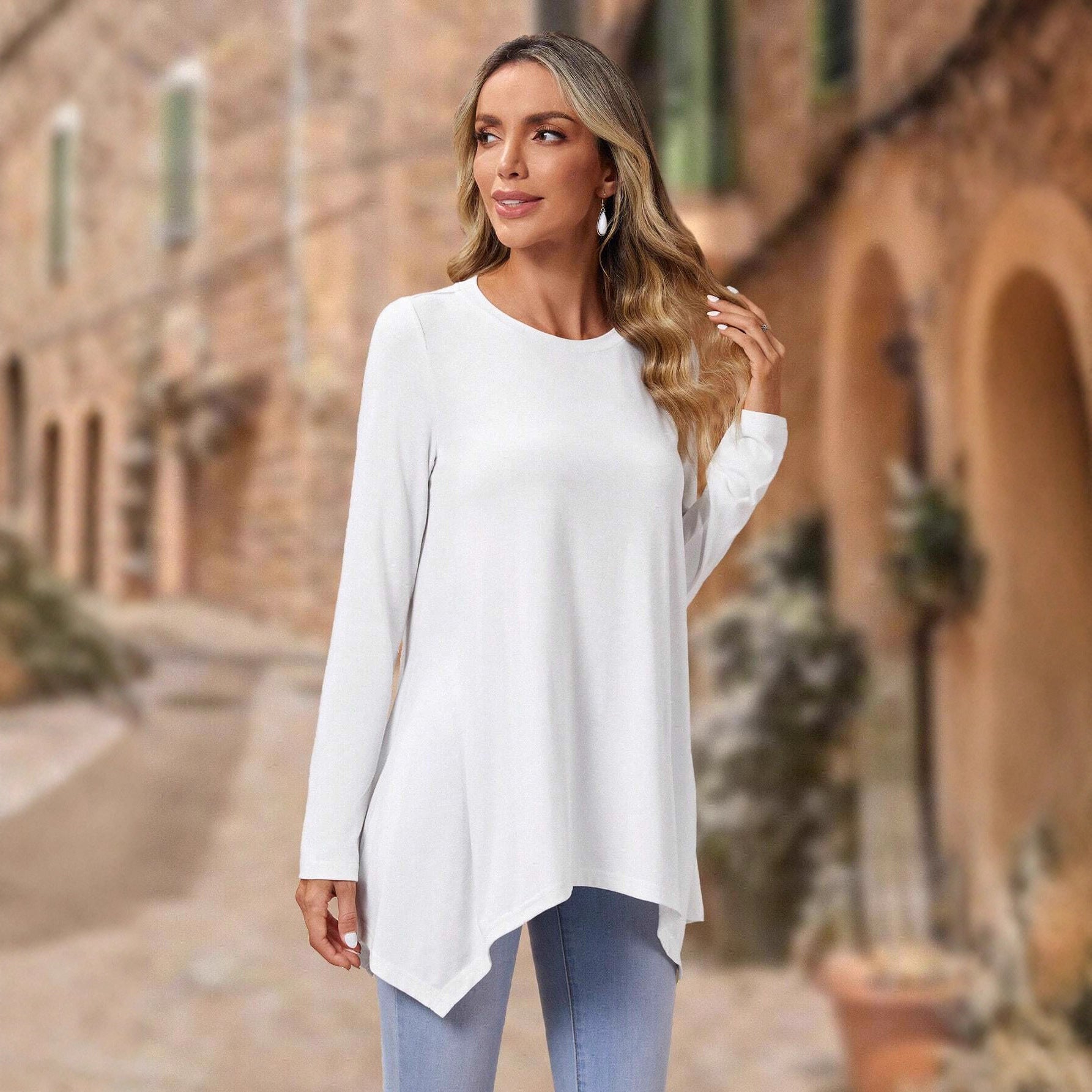 Damen langes Oberteil mit asymmetrischem Saum und lockerem Schnitt R&B