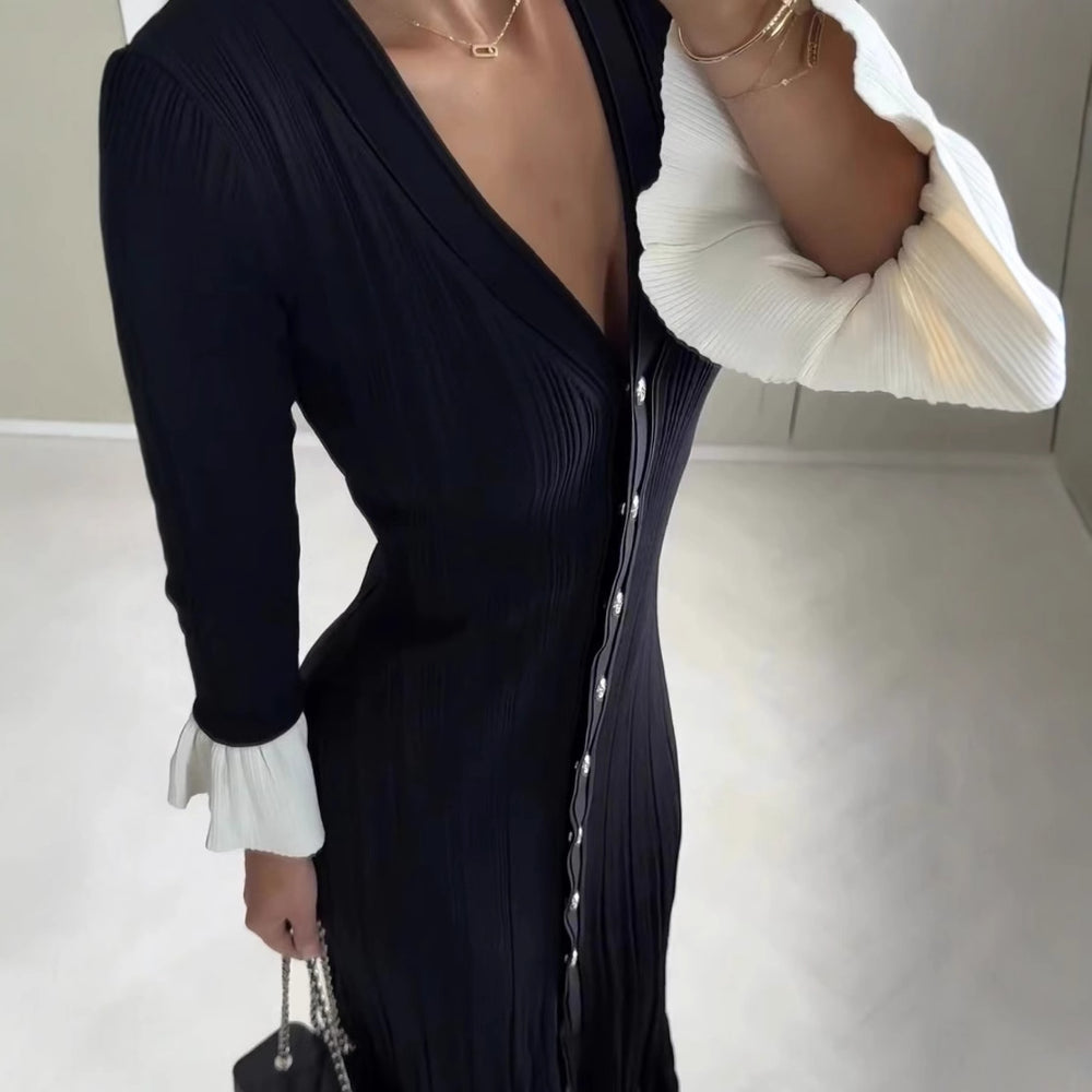 Damen Maxikleid mit eleganten Rüschenärmeln und Knopfdetails R&B