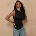 Damen nan asymmetrisches Ein-Schulter-Top mit Zierringen, taillierter Raffung und spitzem Saum R&B