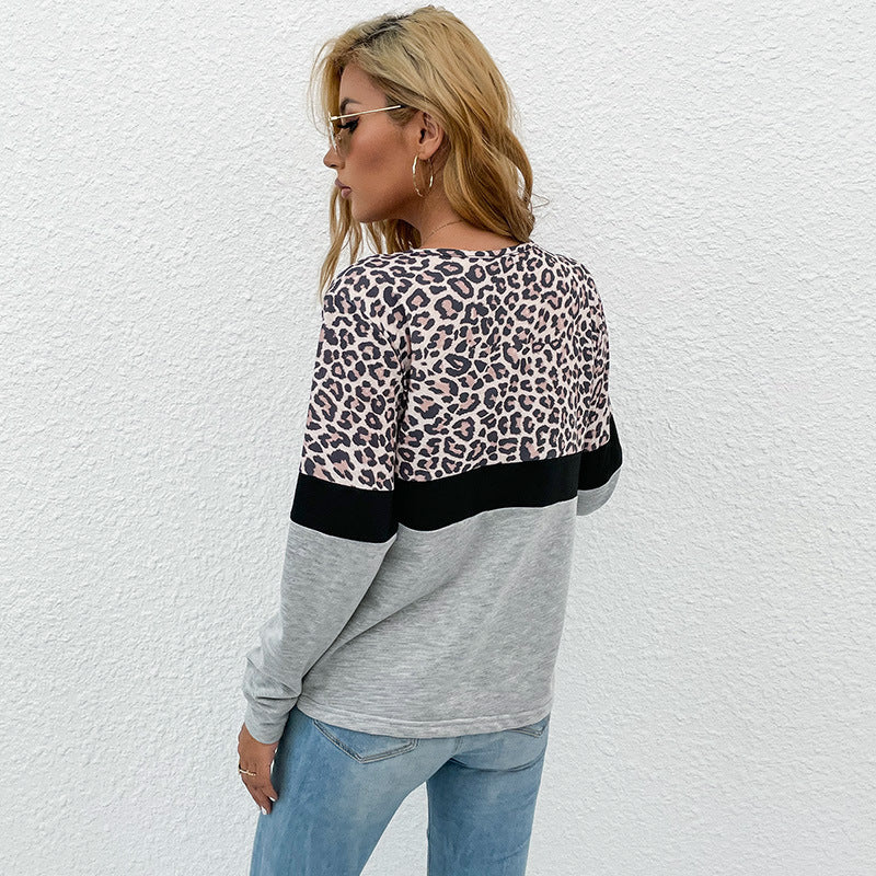 Damen V-Ausschnitt Sweatshirt mit Leopardenmuster und Kontrastband R&B